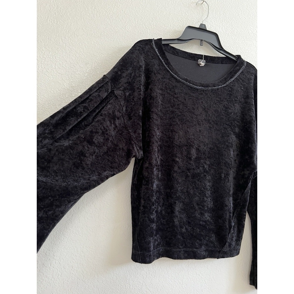 We The Free Free People Black Crushed Velvet Long Sleeve Top Small